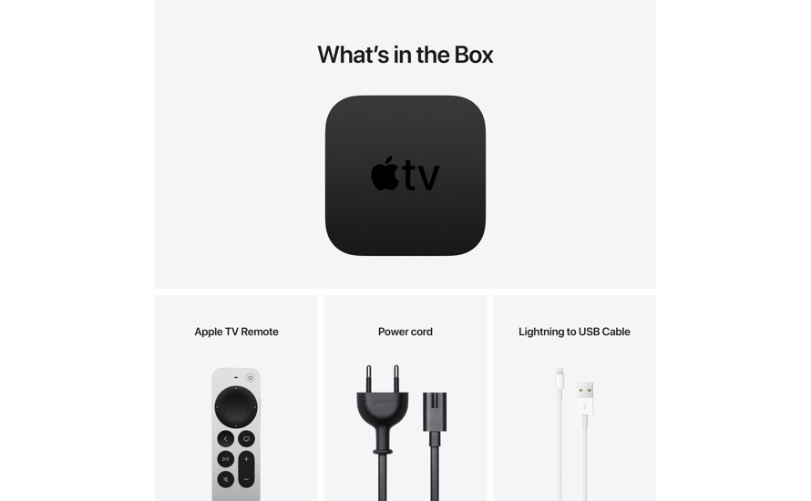 What's in the box: Apple TV remote. Power cord. Lighting to USB Cable