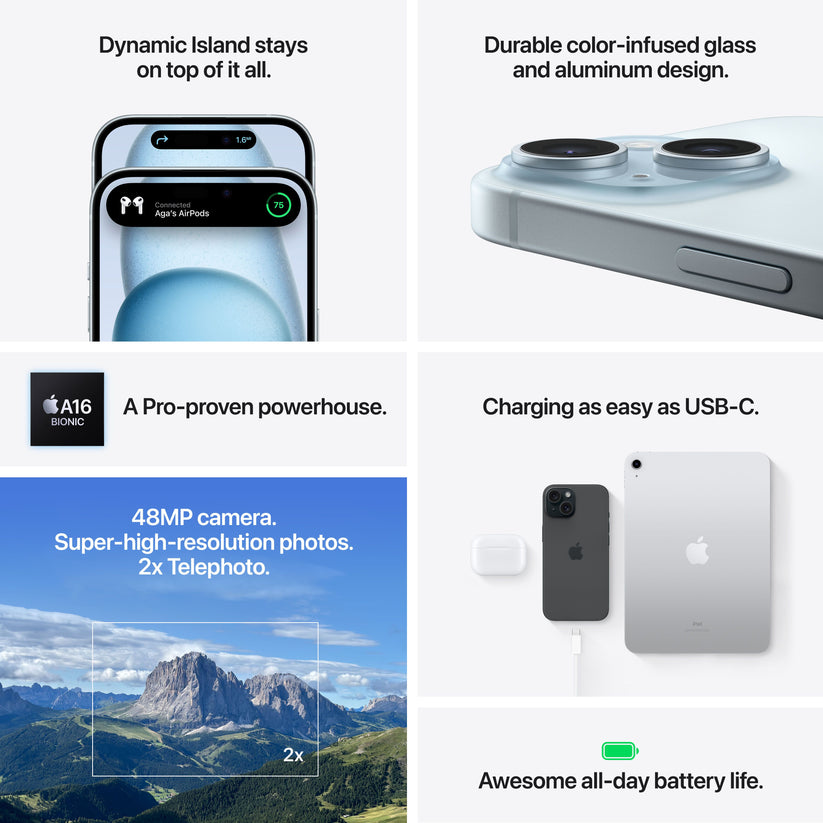 Dynamic Island stays on top of it all. Durable color-infused glass and aluminum design. A16 Bionic. A Pro-proven powerhouse. Charging as easy as USB-C. 48MP camera. Super-high-resolution photos. 2x Telephoto. Awesome all-day battery life.