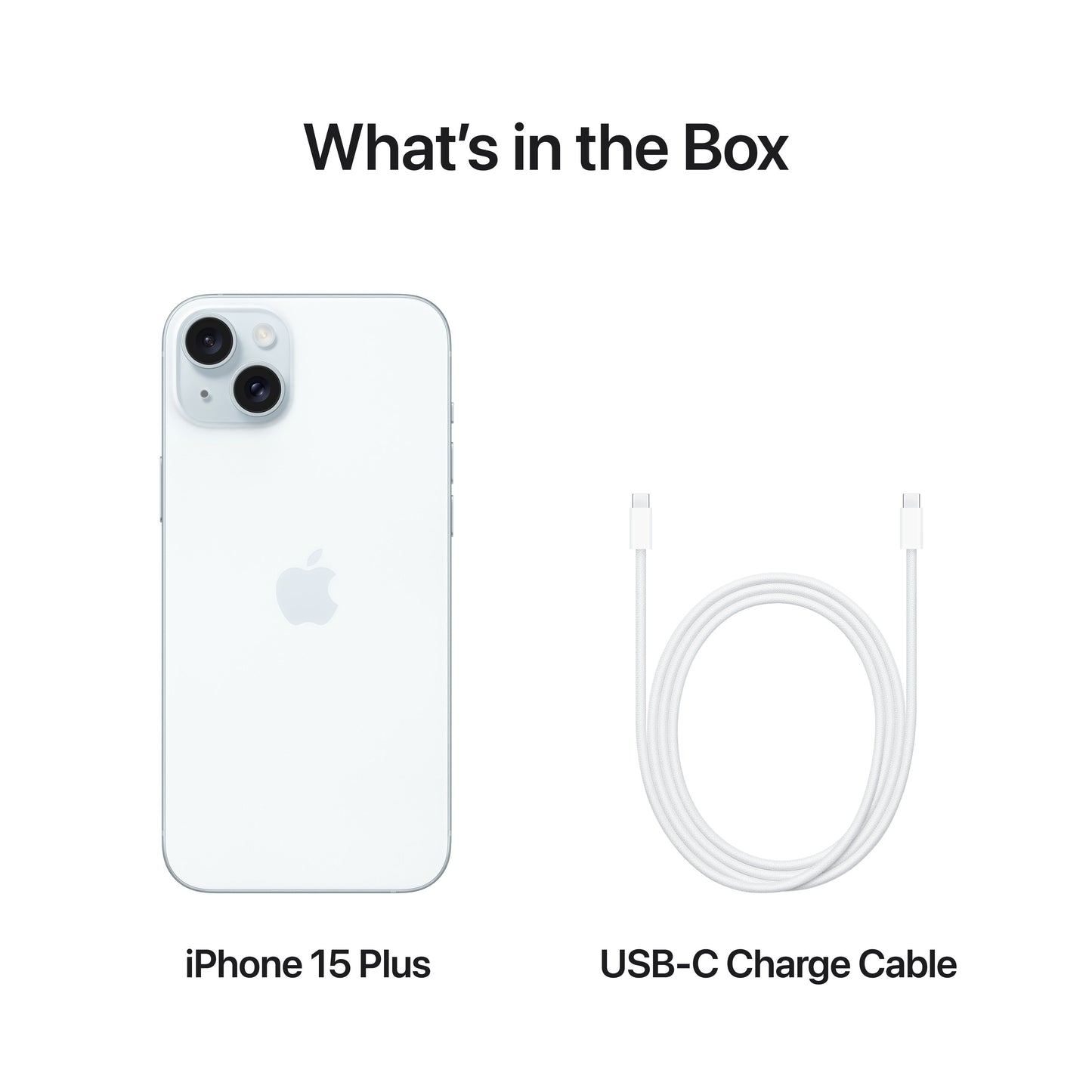 What’s in the Box. iPhone 15 Plus. USB-C Charge Cable.