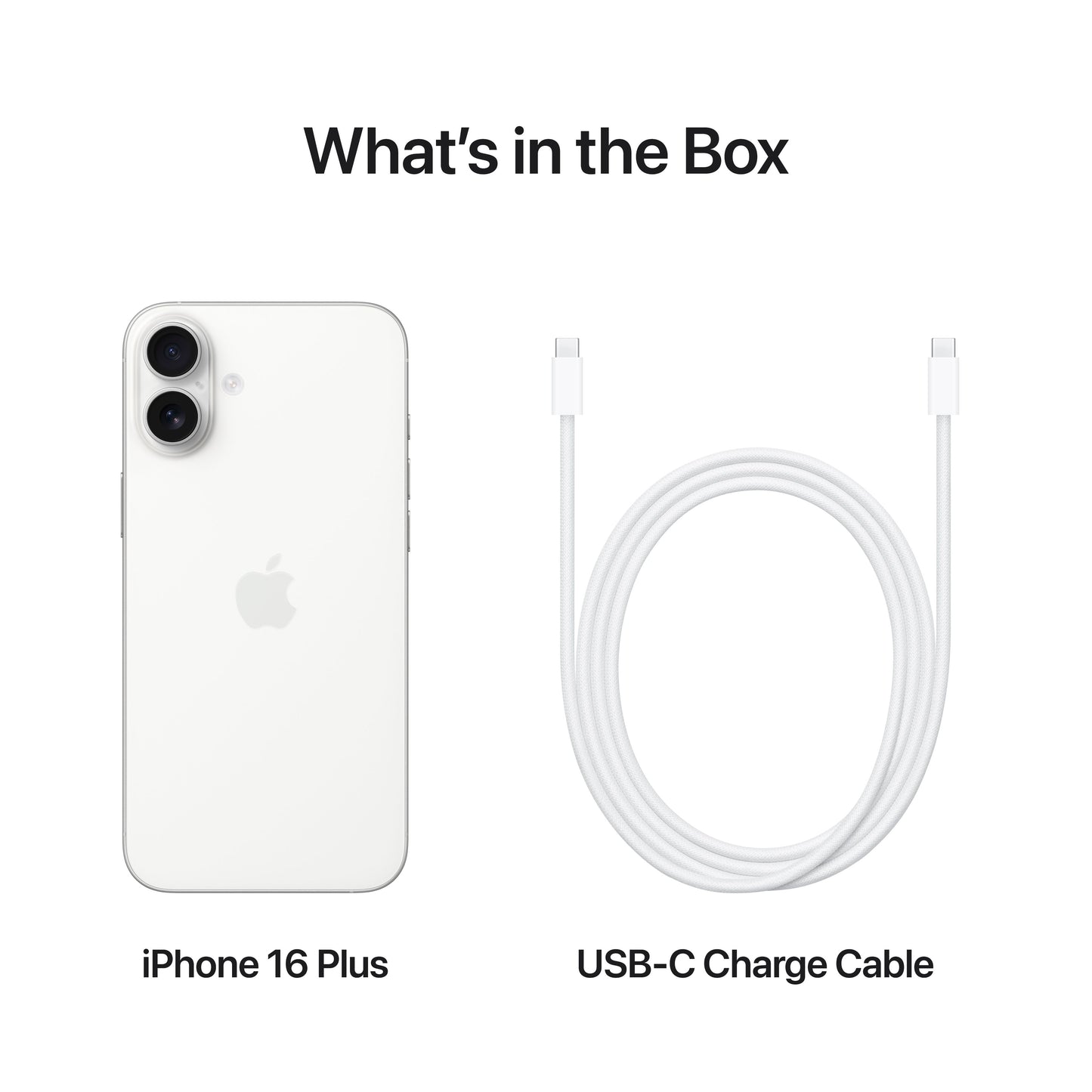 What’s in the Box. iPhone 16 Plus. USB-C Charge Cable.