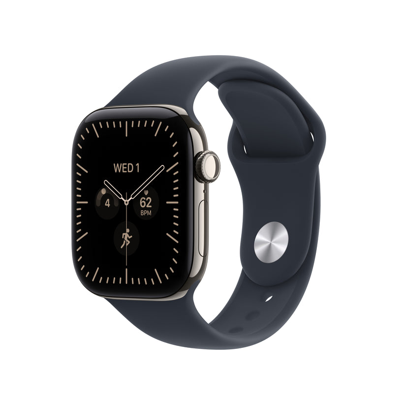 Apple Watch Series 12 GPS + Cellular 42mm Natural Titanium Case with Navy Blue Sport Band - S/M