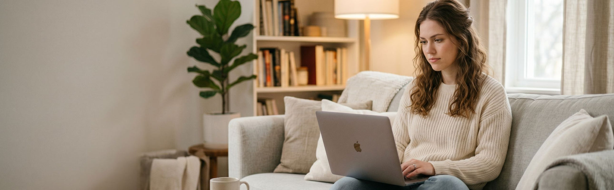 אישה עם מקבוק  בסלון 