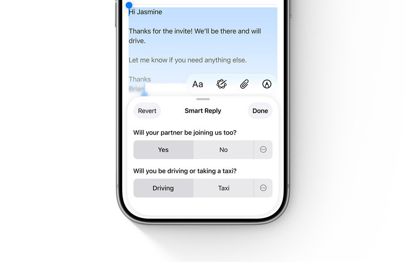 מסך שמראה את האפשרות של תגובה חכמה באמצעות ios26