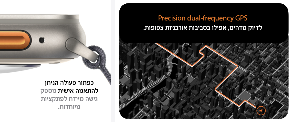 Precision dual frequency GPS לדיוק מדהים, אפילו בסביבות אורבניות צפופות. כפתור פעולה הניתן להתאמה אישית מספק גישה מיידית לפונקציות מיוחדות.