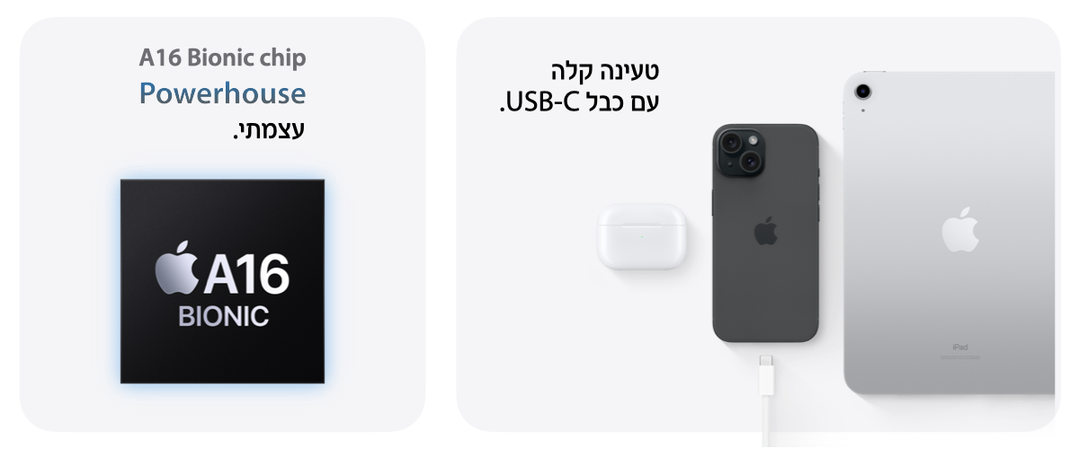 טעינה קלה עם כבל USB-C. A16 bionic chip powerhouseעצמתי 