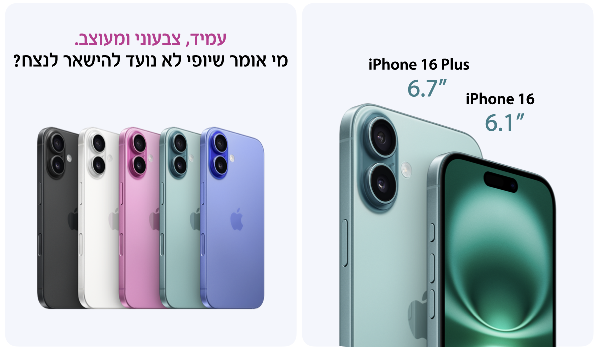 iPhone16 מגיע בגודל של 6.1 אינץ'''''''''''''''''''''''''''''''', iPhone16 Plus מגיע בגודל של 6.7 אינץ''''''''''''''''''''''''''''''''. עמיד, צבעוני ומעוצב. מי אמר שיופי לא נמשך לנצח? 