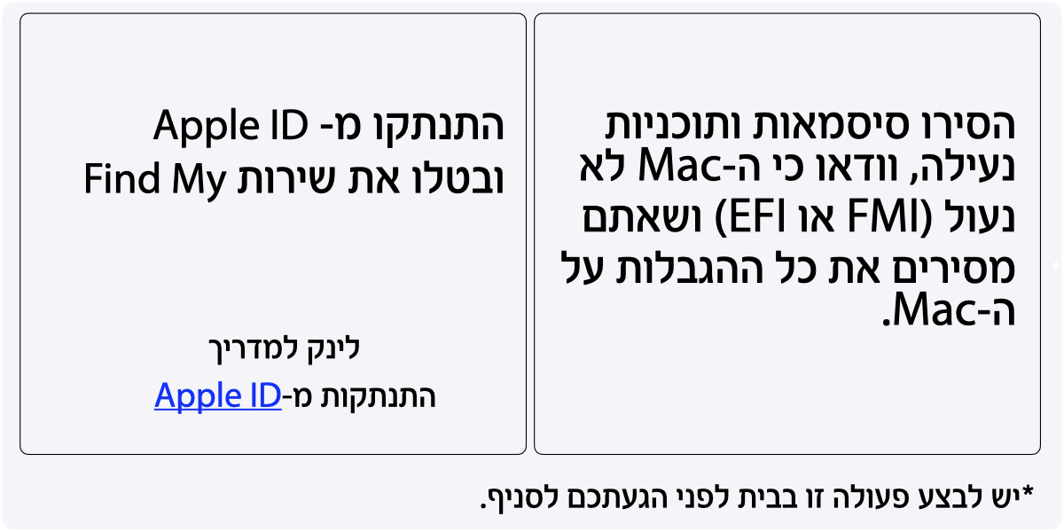 הסירו סיסמאות ותוכניות נעילה, וודאו כי ה-Mac לא נעול (FMI או EFI) ושאתם מסירים את כל ההגבלות על ה-Mac. התנתקו מ- Apple ID ובטלו את שירות Find My. לינק למדריך התנתקות מ-Apple ID. יש לבצע פעולה זו בבית לפני הגעתכם לסניף.