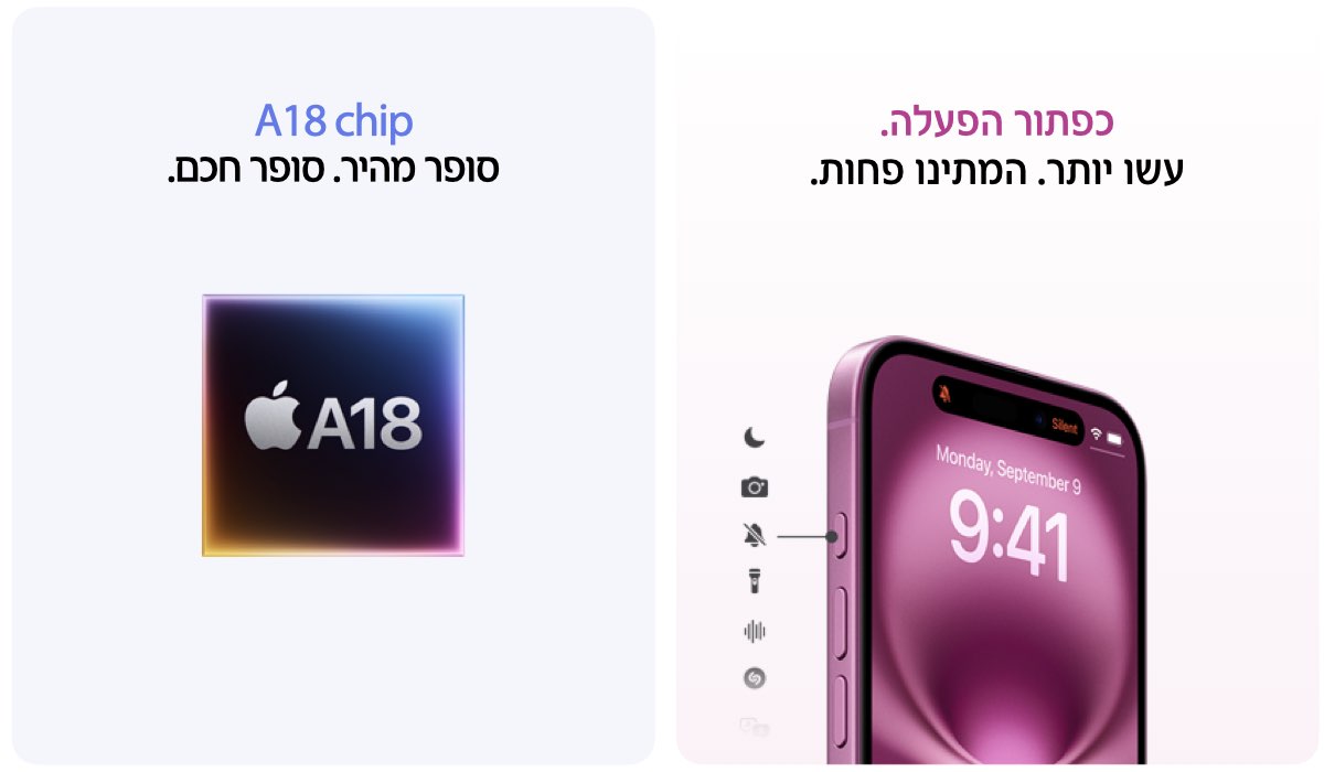 כפתור הפעלה. עשו יותר. המתינו פחות. A18 chip. סופר מהיר. סופר חכם.