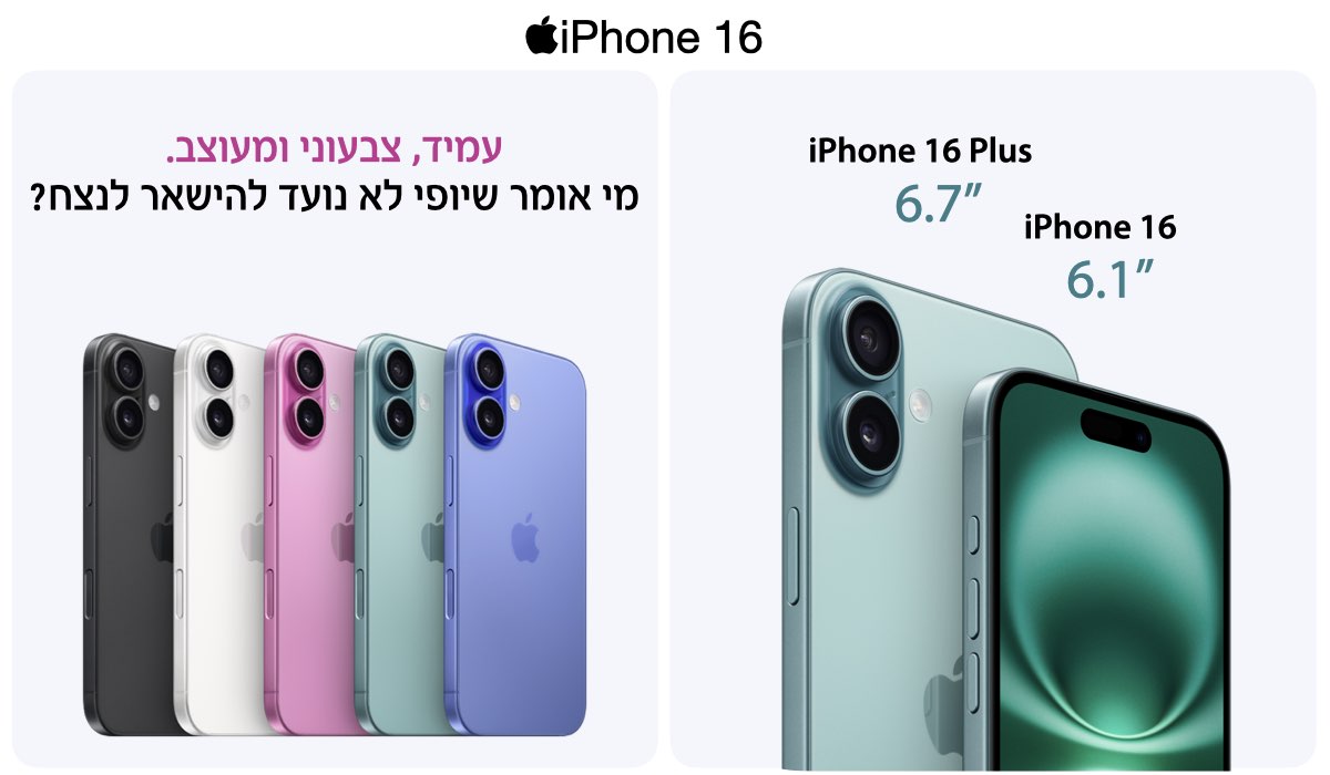 iPhone 16 6.1". iPhone 16 Plus 6.7". עמיד צבעוני ומעוצב. מי אומר שיופי לא נועד להישאר לנצח?
